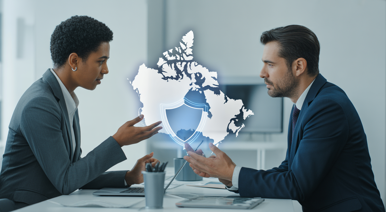 A cybersecurity consultant discussing digital protection strategies with a Canadian business owner in a modern office, symbolizing expert insight and business security.