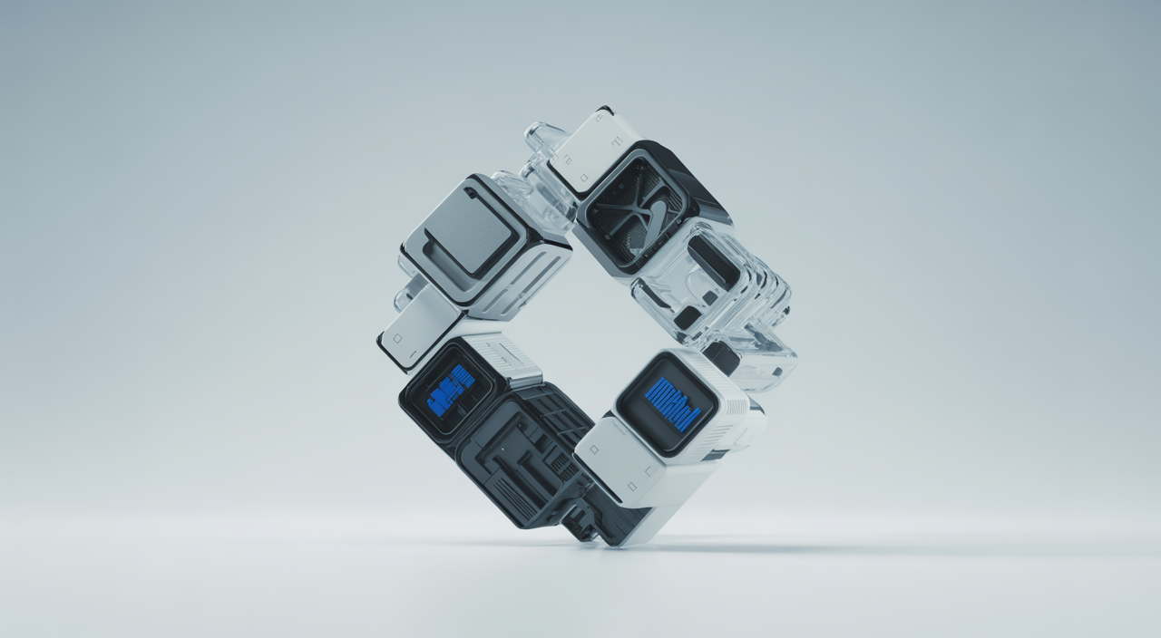 Modern modular digital blocks interlocking on a white background, symbolizing composable DXP flexibility and integration.