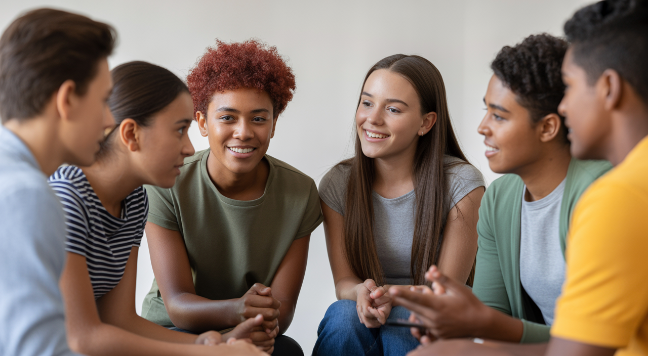 Diverse group of young people engaged in judgment-free peer support, showing connection and understanding.