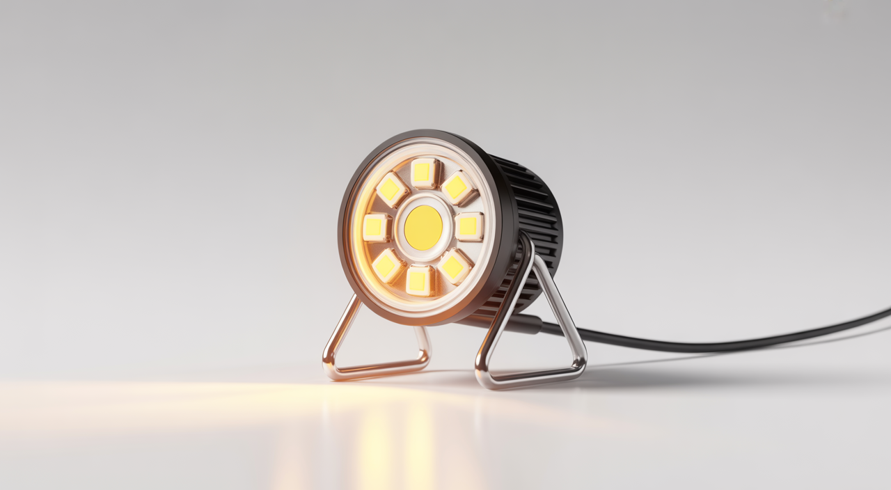 Close-up photorealistic image of a glowing 3-volt mini LED light with clear details on metal legs and LED chip on white background