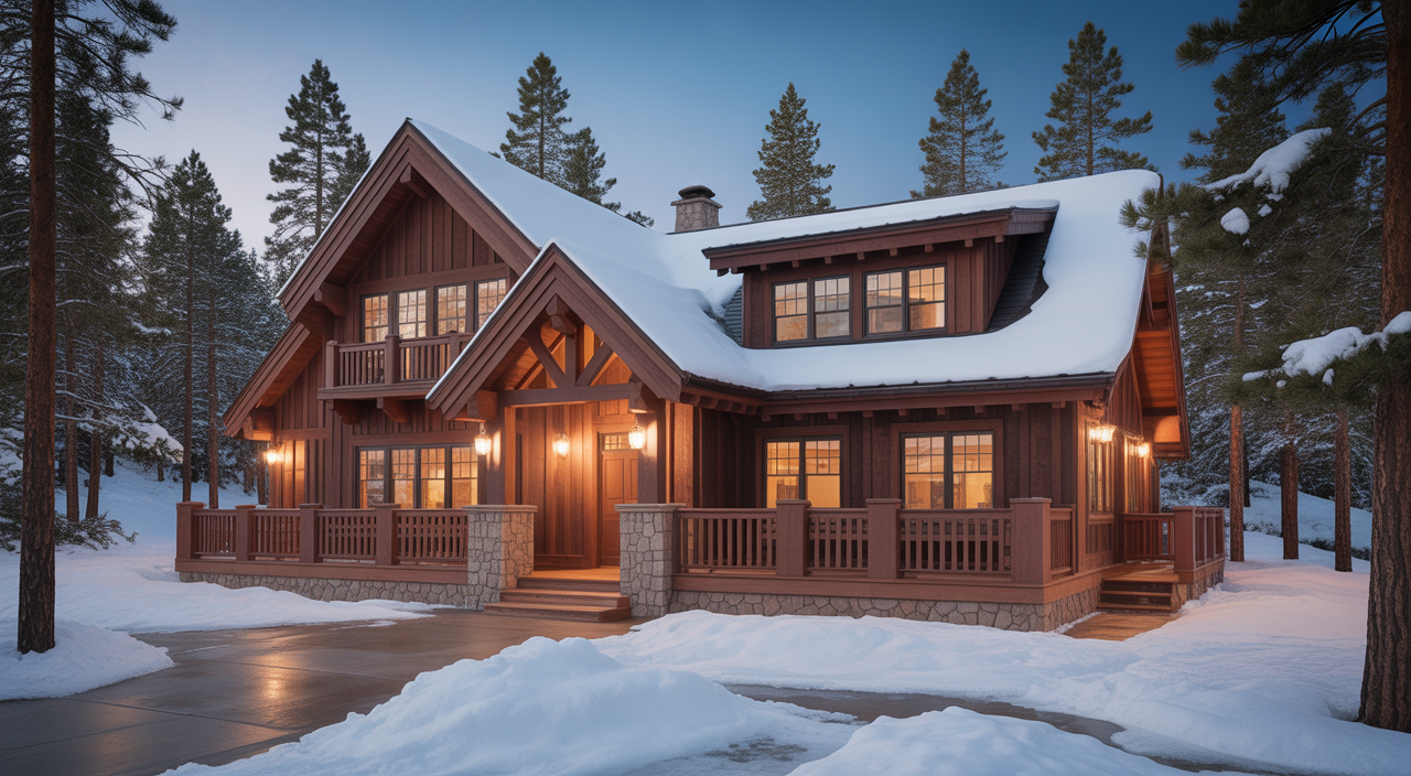 Photo of a cozy and inviting mountain lodge exterior in Big Bear California surrounded by snow-covered pine trees