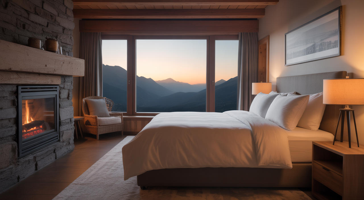 Cozy mountain lodge in Big Bear CA surrounded by pine trees and snow-capped peaks
