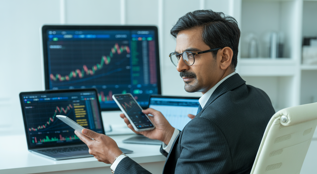 Confident Indian investor reviewing investment opportunities in unlisted shares using digital devices on a clean white background