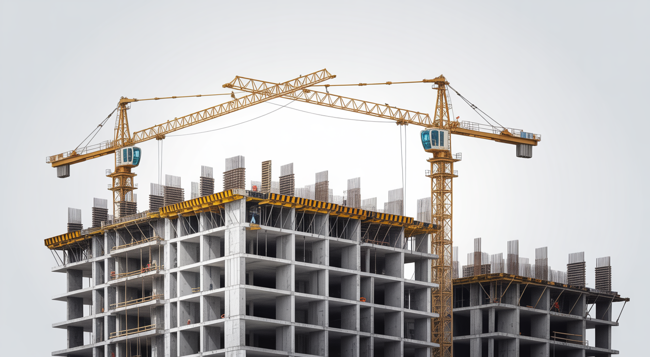 Hero image of an Indian urban construction site showing cranes and building framework representing architectural code compliance and building regulations