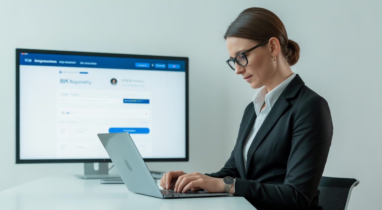 Photorealistic image of a business professional working on BIS registration online with clean white background