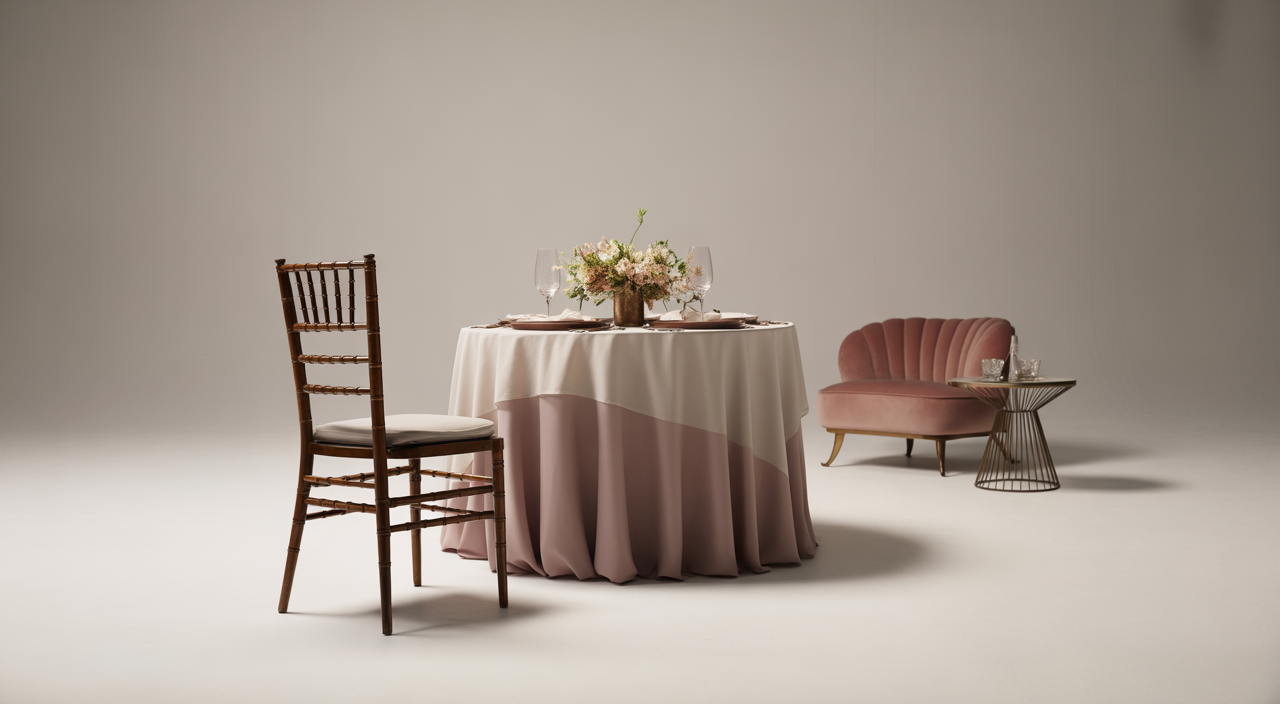 Premium gala rental setup on white background featuring a Chiavari chair, round table with layered linens, simple centerpiece and lounge chair — studio product shot