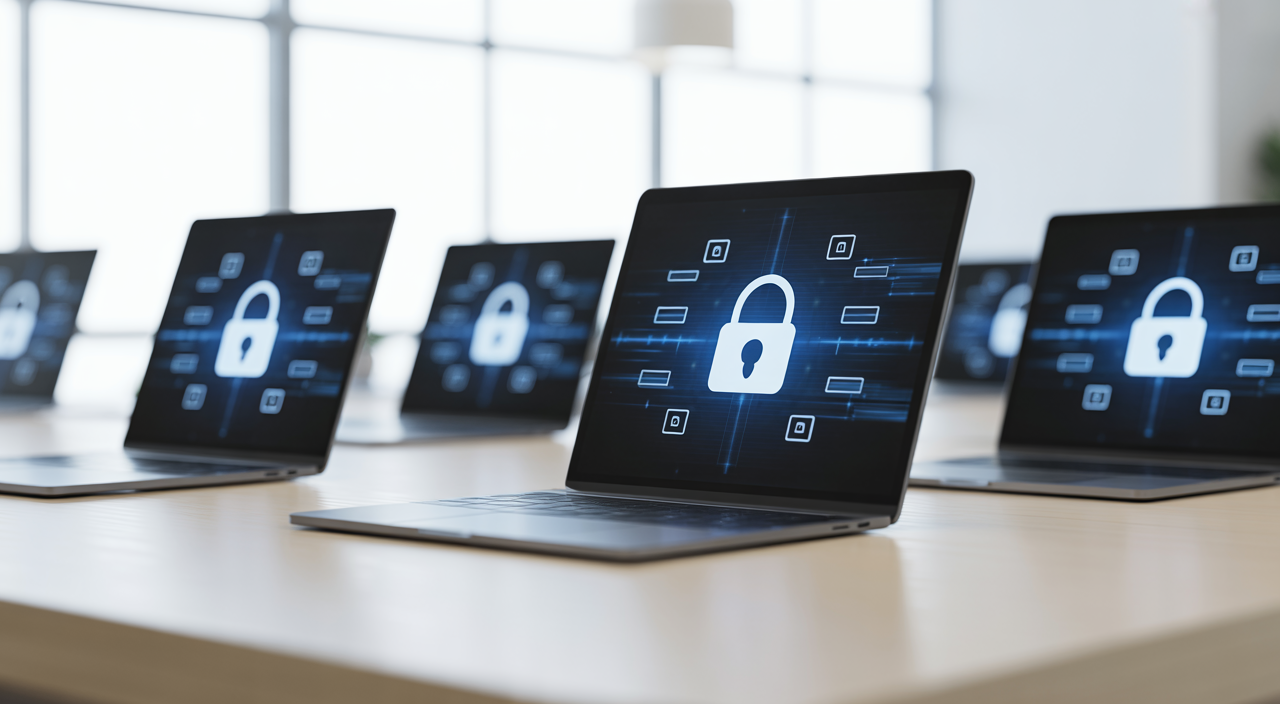 Hero image of a small business office workspace with laptops emphasizing cybersecurity