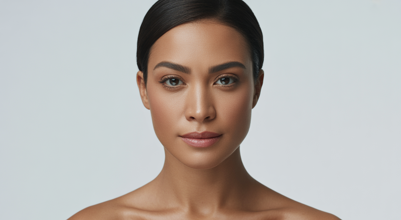 Photorealistic portrait of a confident woman showcasing natural facial harmony and balance with subtle makeup on a white background