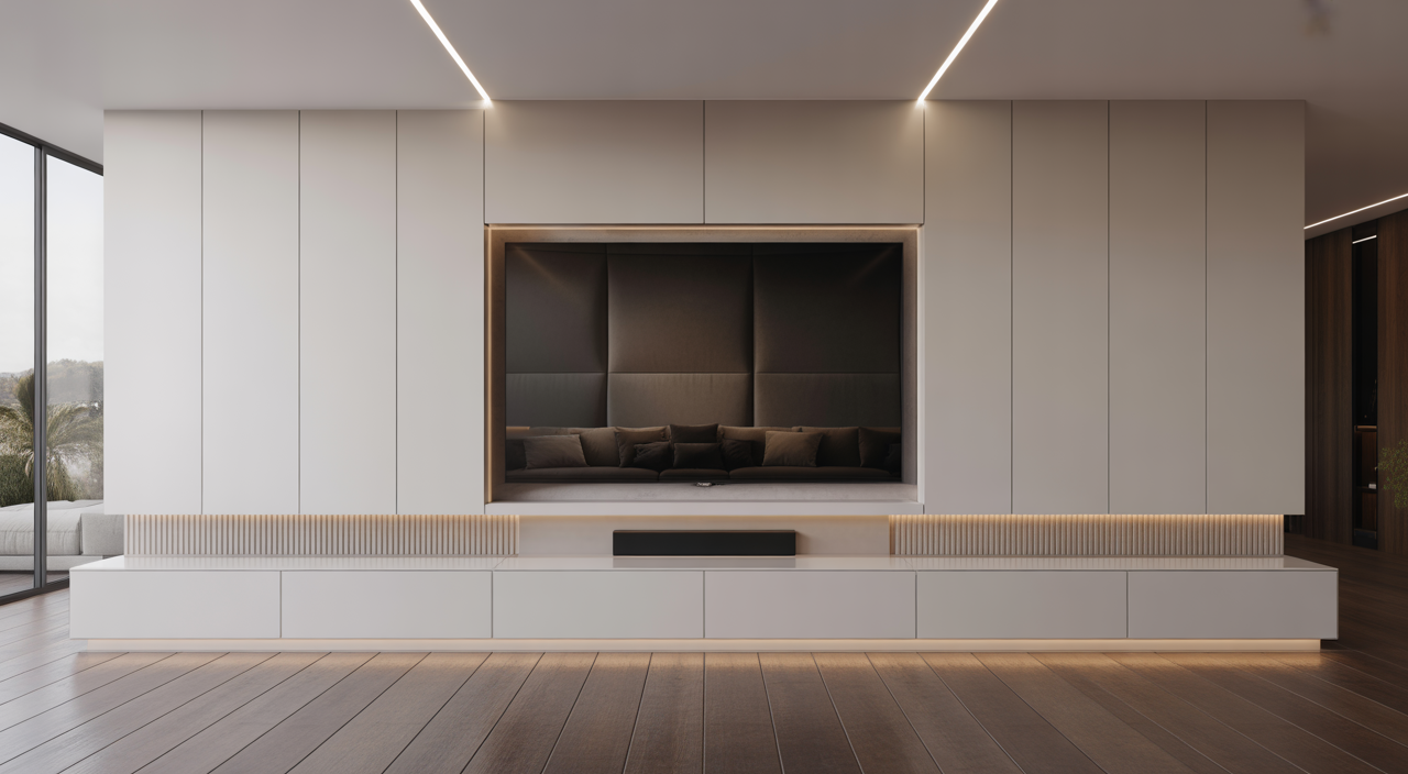 High-end luxury media wall with integrated TV and ambient lighting in a modern living room setting