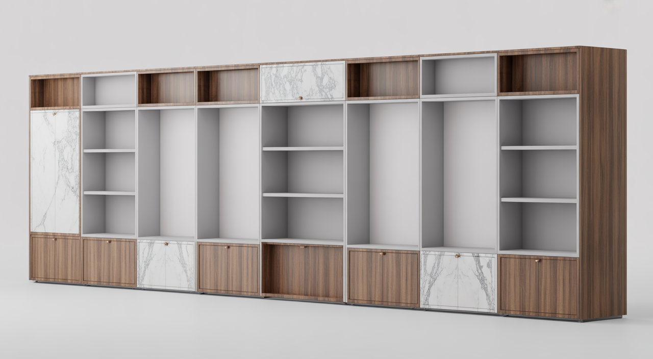 Modern luxury media wall with integrated storage and ambient lighting