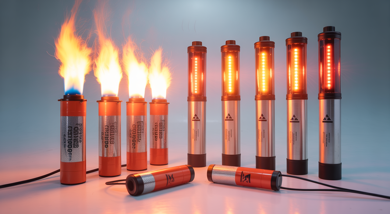 High-quality professional photo of portable chemical and LED flares on white background showcasing emergency safety equipment