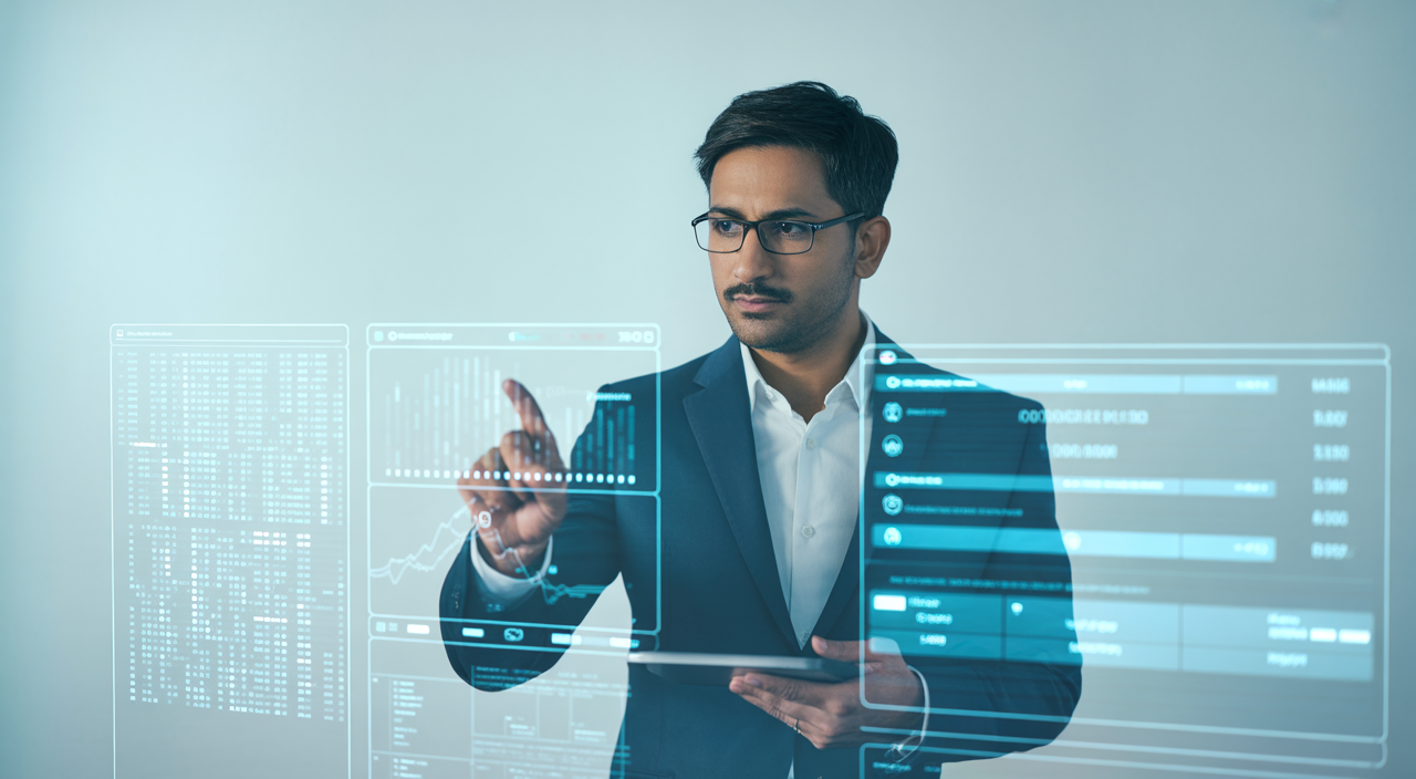 Photorealistic image of an Indian investor analyzing cybersecurity data on a transparent digital interface with a clean white background