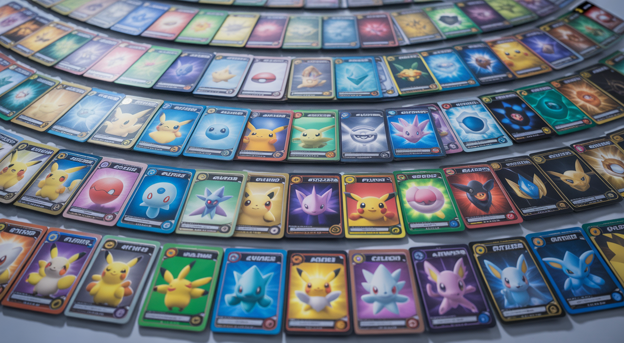Close-up professional photograph of various rare and holo Pokémon trading cards spread out on a white background