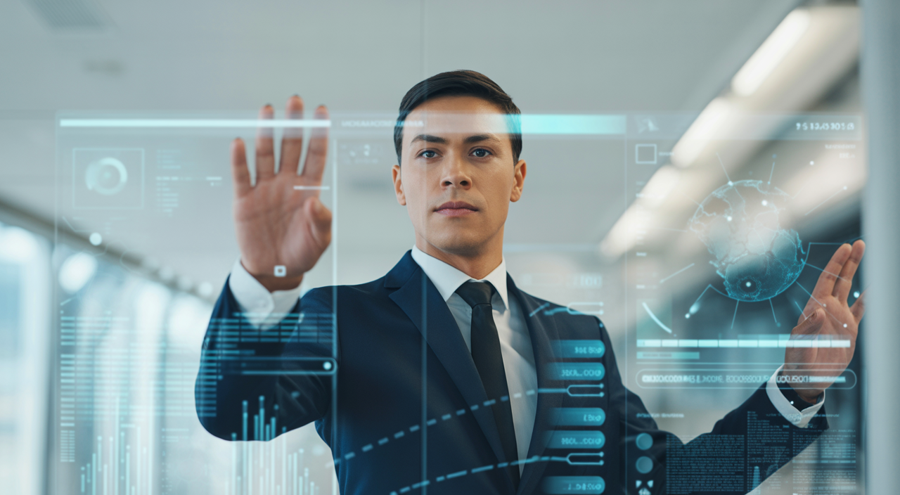 Business professional analyzing cybersecurity digital interface in modern office setting