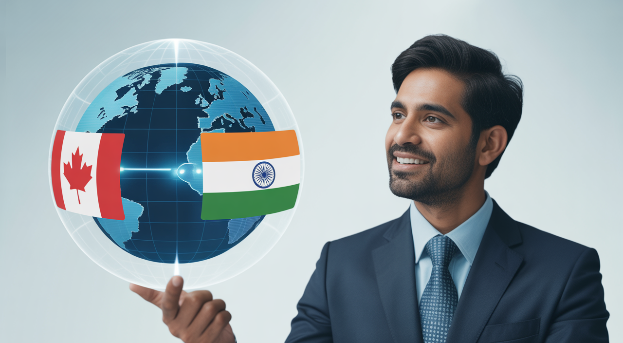 Photorealistic photo of an Indian business investor analyzing digital globe showing Canada-India cybersecurity link, white background