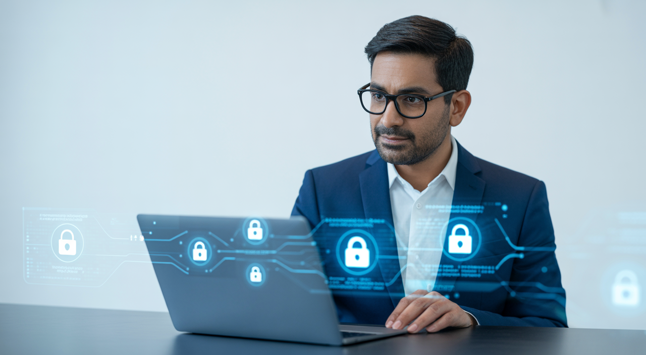 Indian investor reviewing cybersecurity services for small Canadian business in a professional setting