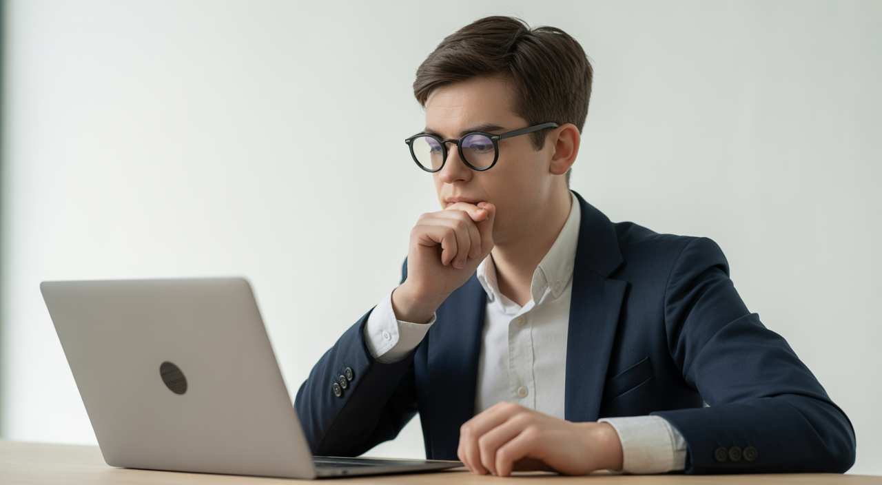 Young professional taking an online proctored exam using a laptop with webcam on a clean white background