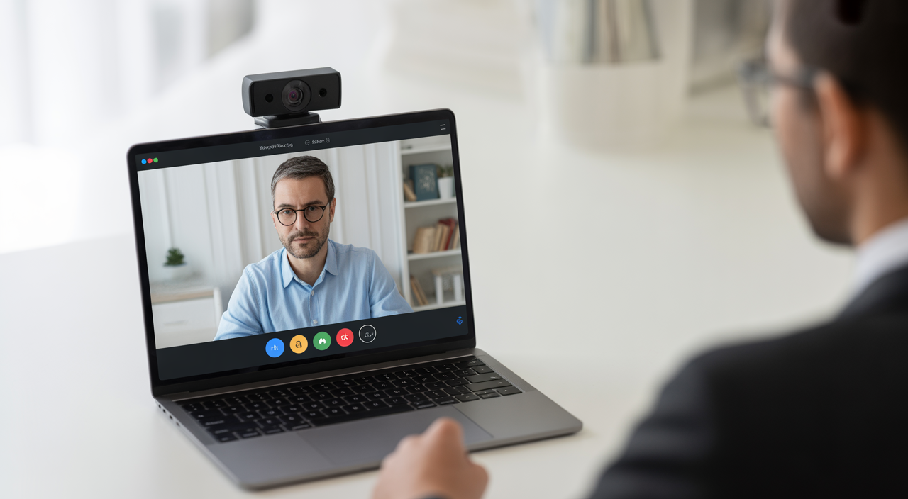 Student taking an online proctored exam using a webcam from home
