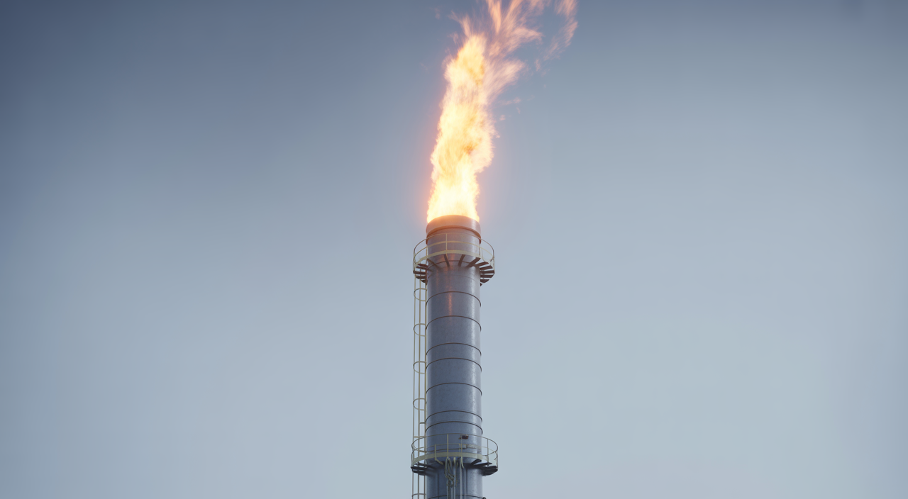 Photorealistic image of a rental flare stack burning waste gas with a clean neutral background