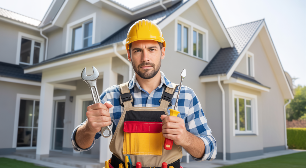 High-quality professional photo of a handyman performing home repairs at a modern residential property