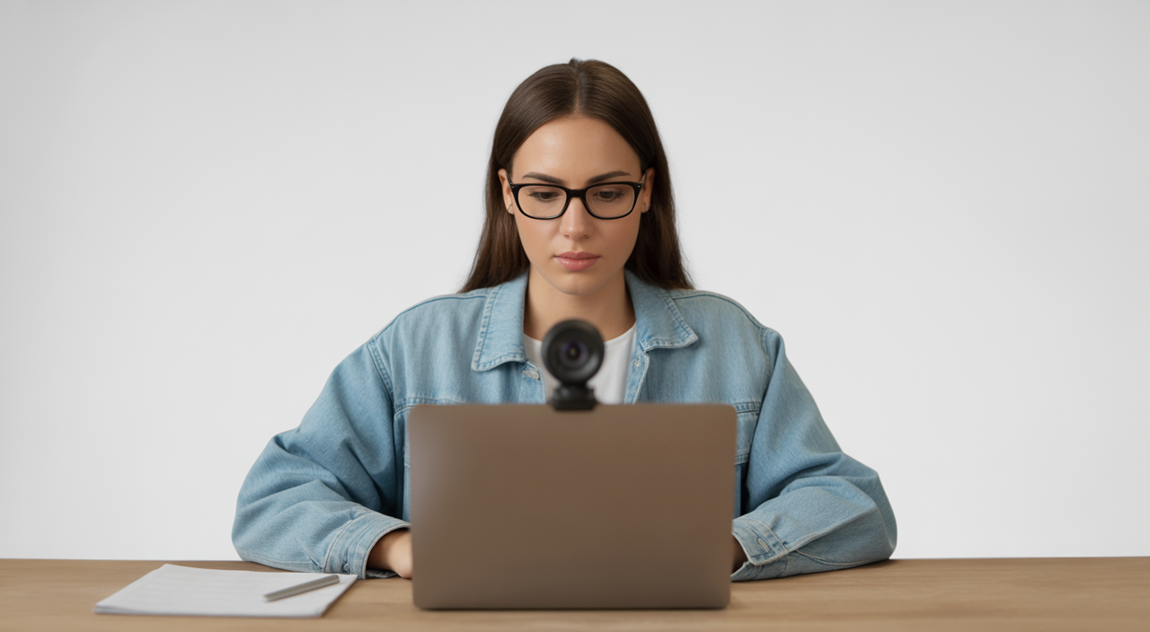 Professional image of a student taking an online exam with secure remote proctoring, showing focus and technology use
