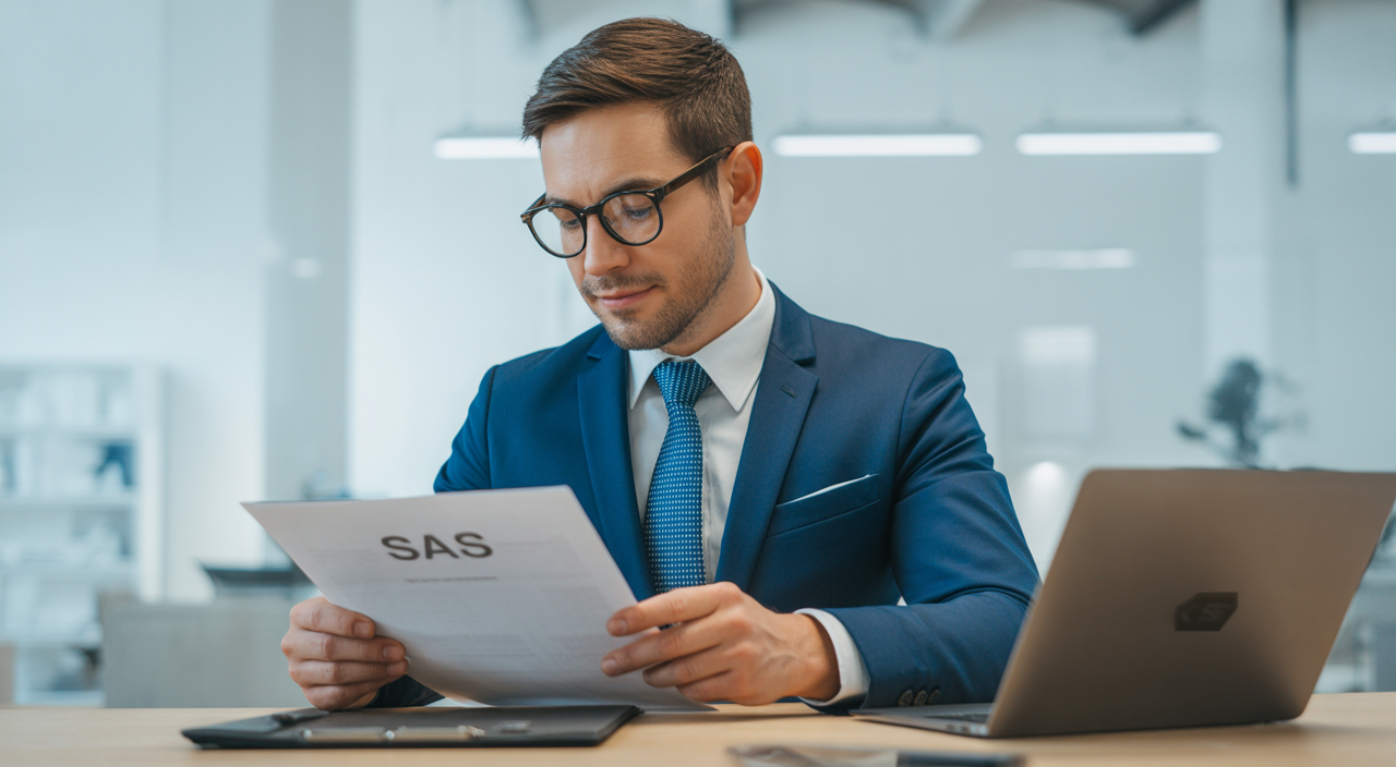 A confident business professional reviewing SaaS contract documents in a modern office with a clean white background.
