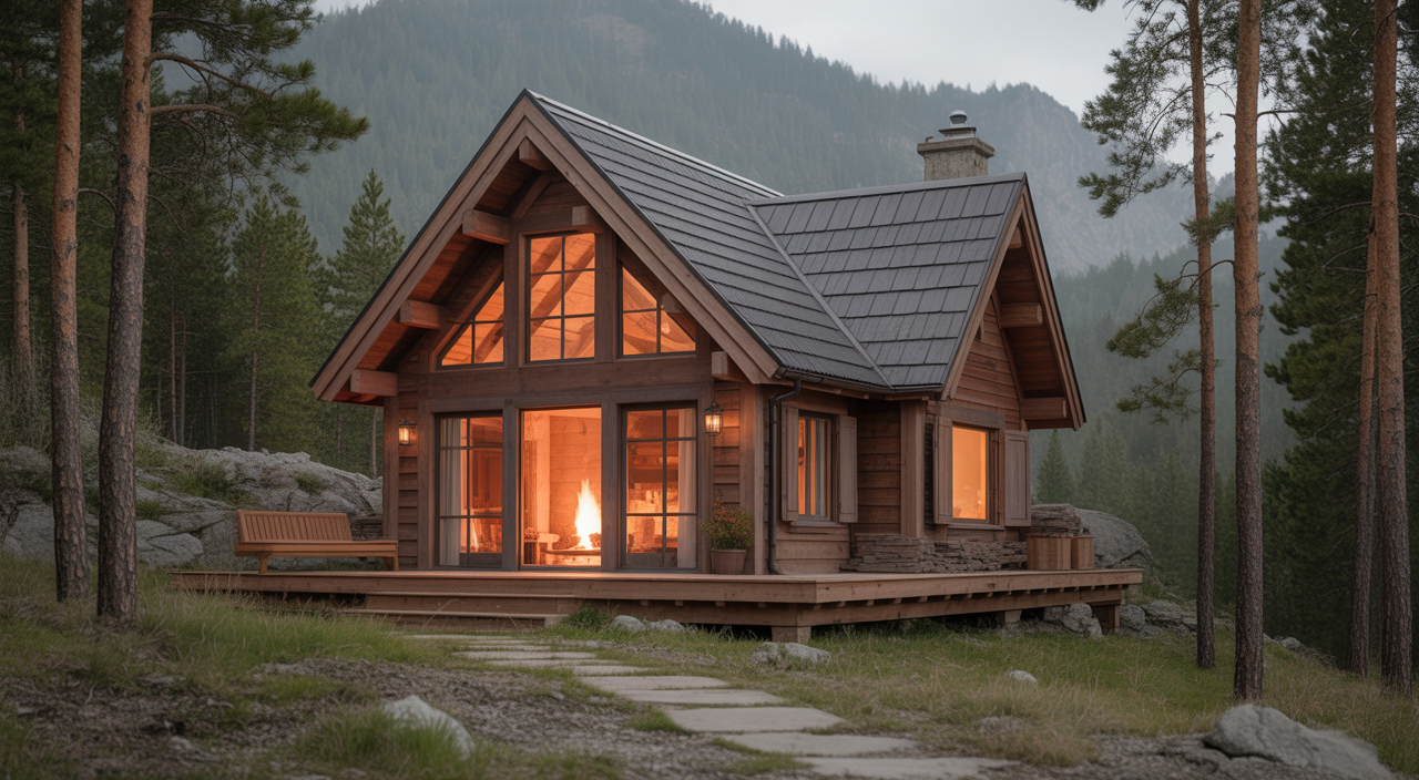 Romantic cozy mountain cabin for couples surrounded by pine trees with warm glowing fireplace