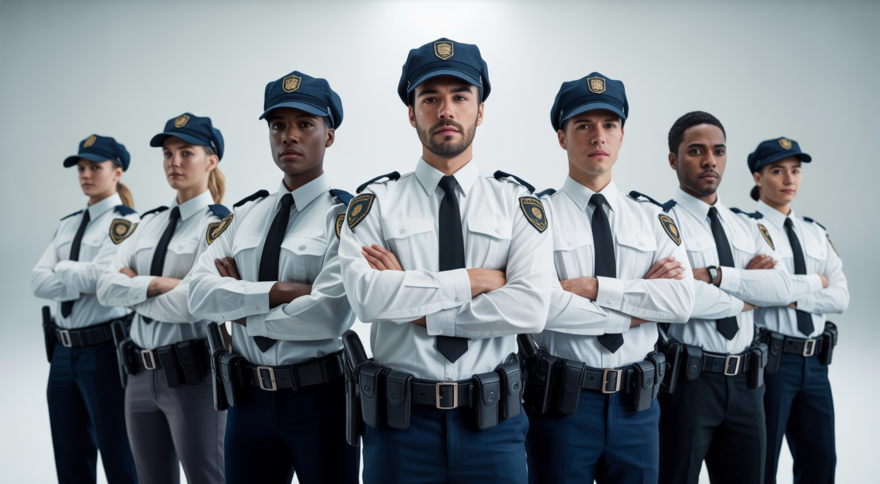 Photorealistic image of a diverse group of professional security guards in uniform standing confidently against a neutral background