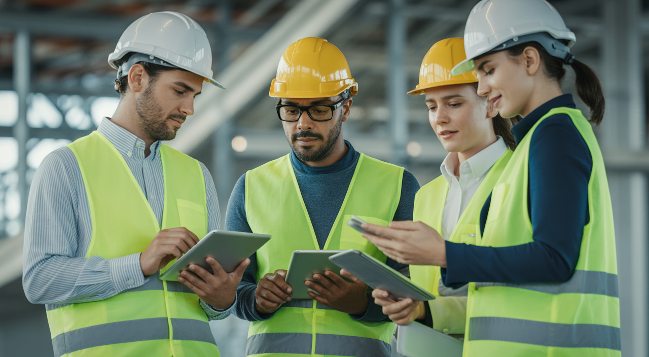 Hero image of construction professionals collaborating on digital tablets with construction plans at a modern site
