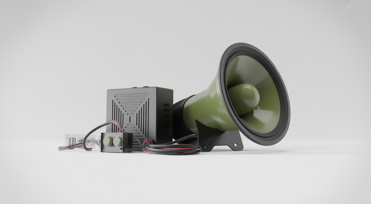 Ecto‑1 siren installed in a car front grille for Ghostbusters-style sound