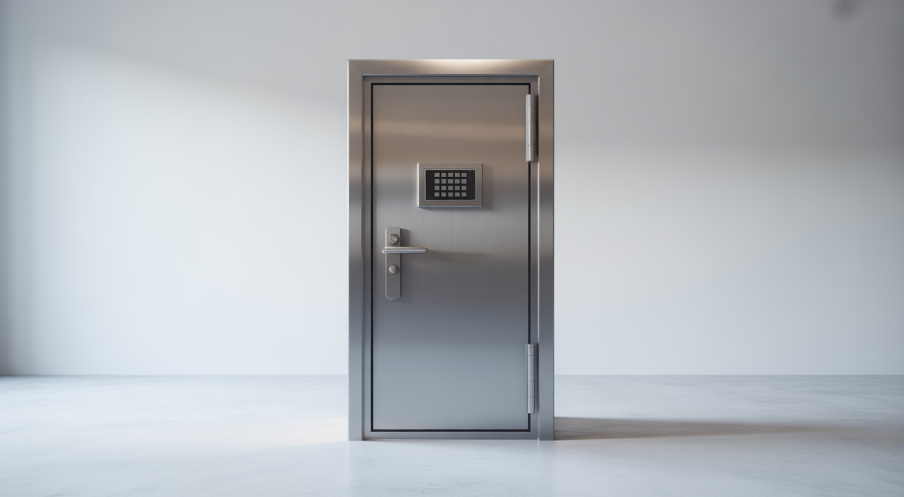 Hero image showing a modern high-security residential safe room door with reinforced steel frame against a neutral background