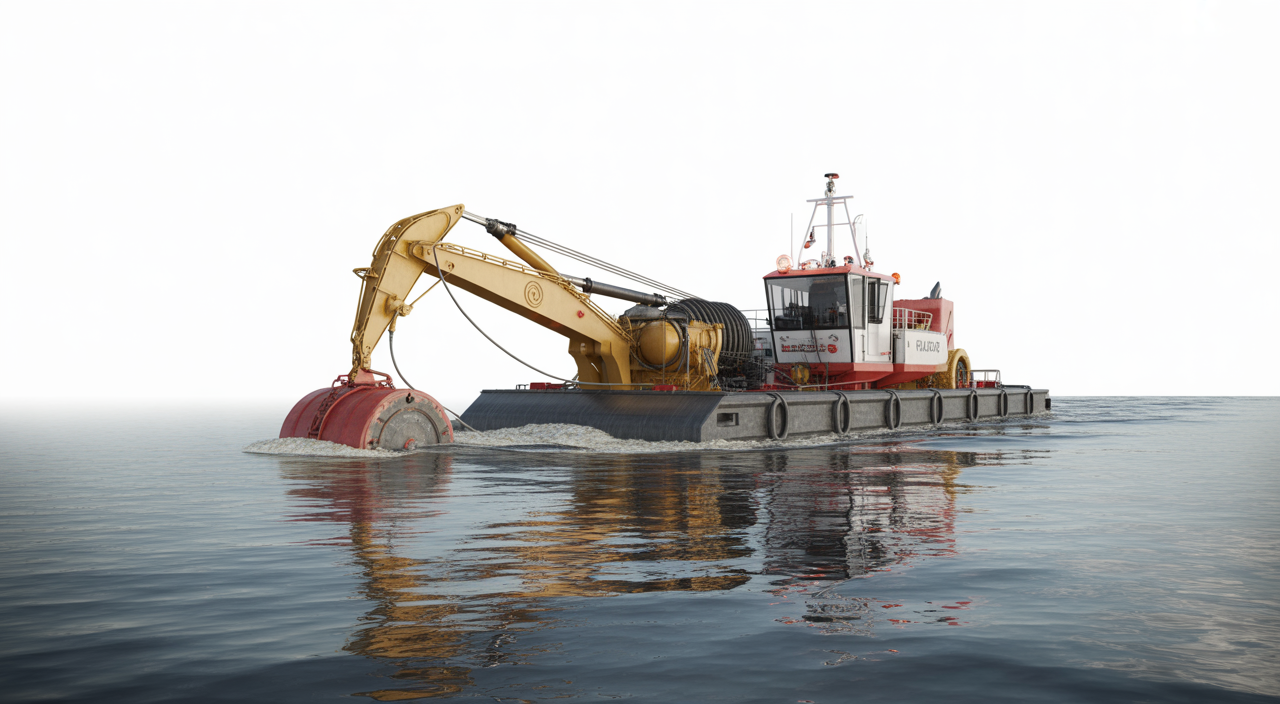 Photorealistic image of a modern cutter suction dredge in operation on a calm river, highlighting key dredging machinery for industrial projects